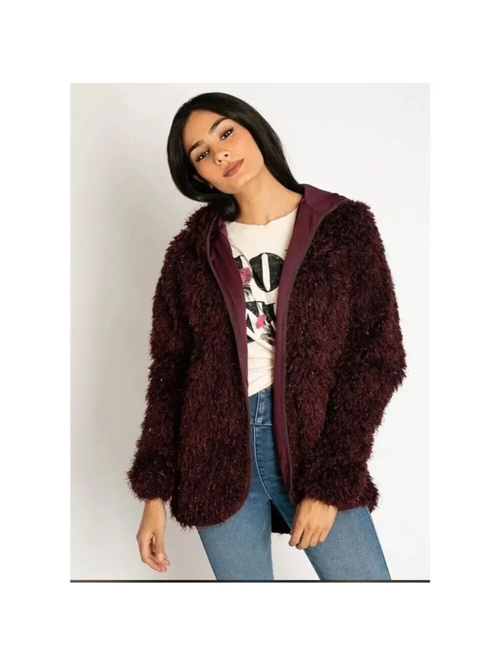 Women's Mia Joy Burgundy Shaggy Cardigan Sweater XL